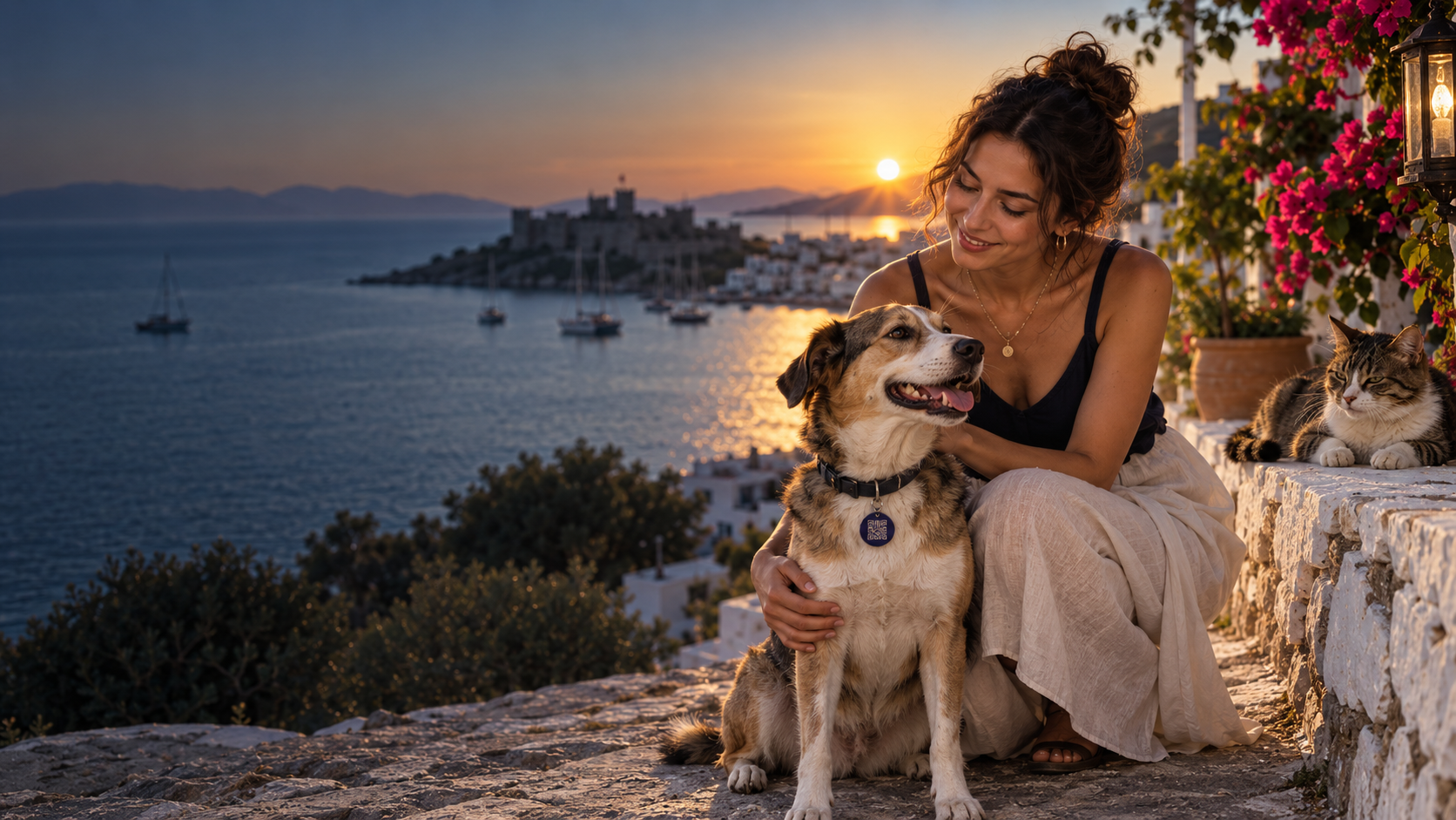 Bodrum gün batımında köpeği ve kedisiyle bir hayvansever